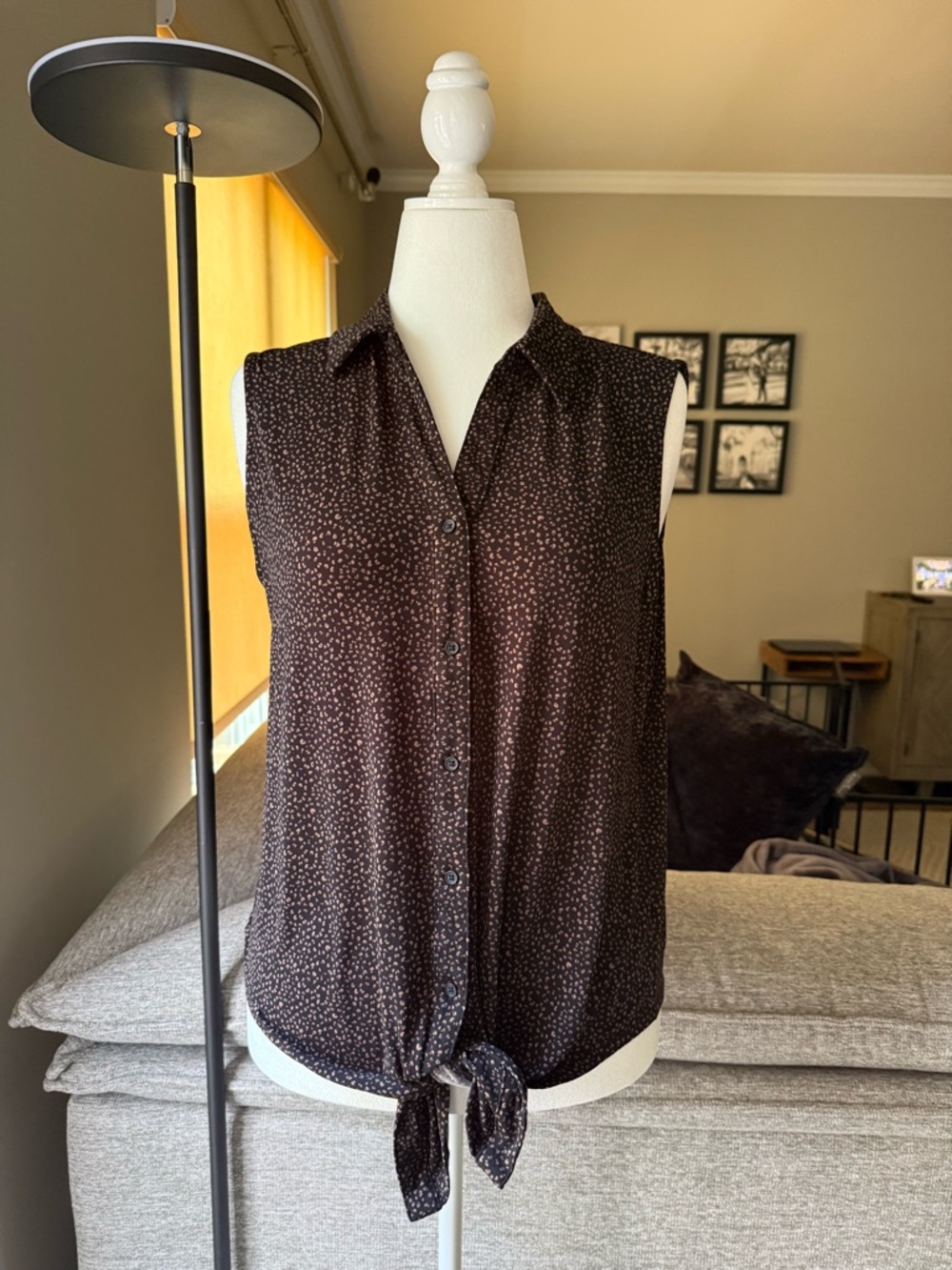 Sleeveless Brown Leopard Print Tie-Hem Button Front Top